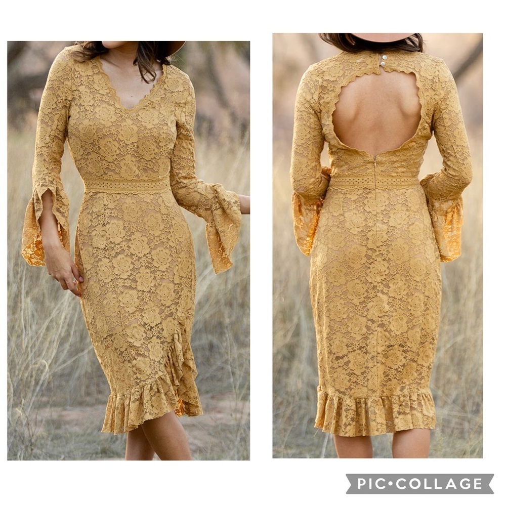 JOYFOLIE Women’s Honey Gold ZENA Dress Stretch Lace Lined Open Back Lined Sz XS
